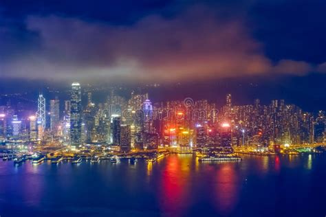 Aerial View Of Illuminated Hong Kong Skyline Hong Kong China Stock