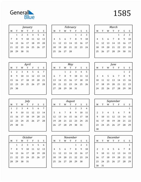 1585 Yearly Calendar Templates With Monday Start