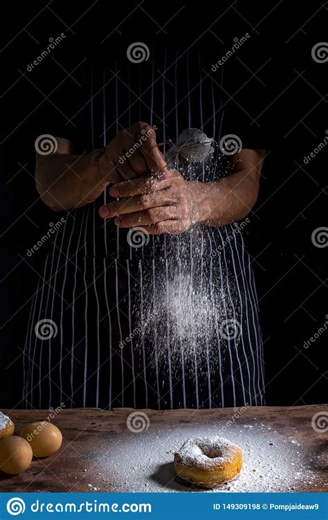 Chef Sprinkle Icing Sugar On The Donut Male Baker Sprinkles Sweet