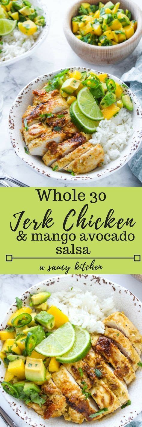 While it's resting you can make your mango salsa. Whole 30 friendly Jerk Chicken with a simple mango ...