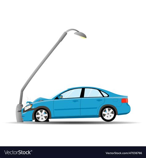 Accident The Blue Car Crashed Into A Lamp Post Vector Image