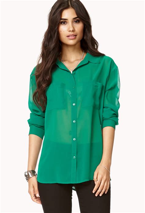 Lyst Forever 21 Everyday Chiffon Shirt In Green