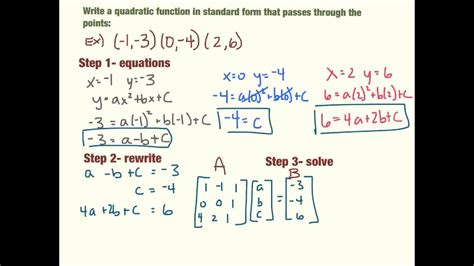 Write Quadratics In Standard Form From 3 Points Youtube