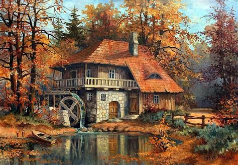Painting Of Windmill House In The Fall Windmill House Landscape