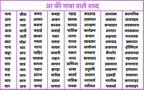 1000 आ की मात्रा वाले शब्द व वाक्य Aa Ki Matra Ke Shabd Easy Hindi