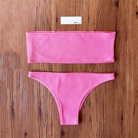Strapless Bikini Set Solid Color Ribbed High Cut Strapless Bikini For