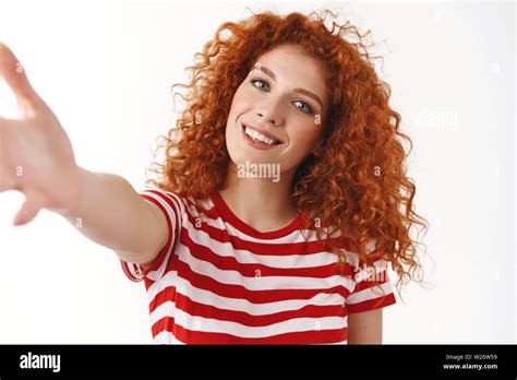 Close Up Tender Feminine Curly Redhead Woman Blue Eyes Tilting Head Posing Striped T Shirt