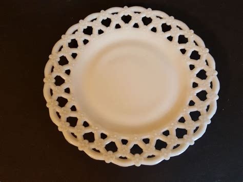 Old Milk Glass Open Lace Edge Scalloped Floral Lattice Plate Vintage