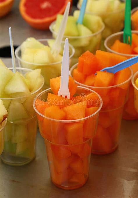 Fruit Salad Of Fresh Melon Cubes In Plastic Cups Stock Image Image Of