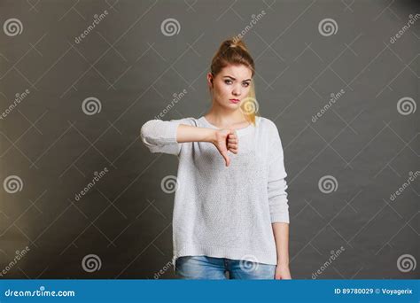 Sad Unhappy Woman Showing Thumb Down Gesture Stock Image Image Of