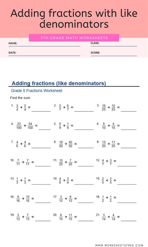 Addition Of Fractions Whole Numbers With Like Denominators Worksheets