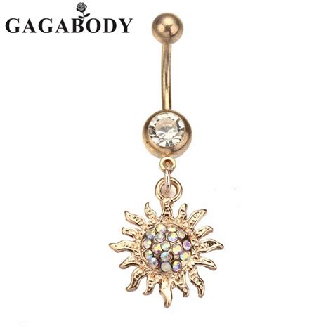 Fashion Navel Rings Stainless Steel Light Yellow Gold Color Sun Dangle