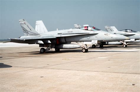 A Right Front View Of An Fa 18c Hornet Aircraft Of Strike Fighter Squadron 147 Vfa 147 Parked