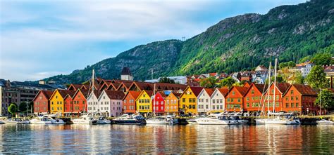 Bergen Norway View Of Historical Buildings In Bryggen Hanseatic Wharf In Bergen Norway