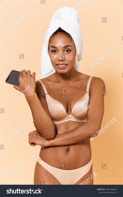 Portrait Naked Woman Wrapped Towel Wearing Stock Photo 1280149426