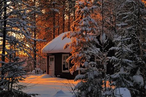 Winter Cabin At Sunset Der Winter Naht Winter Szenen Winter Light