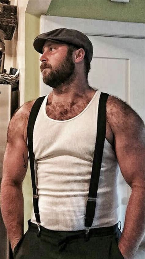 Handsome Hairy Bear Man In Tank Tee And Suspenders Muscle Bears Bärte Männer Und Kerle