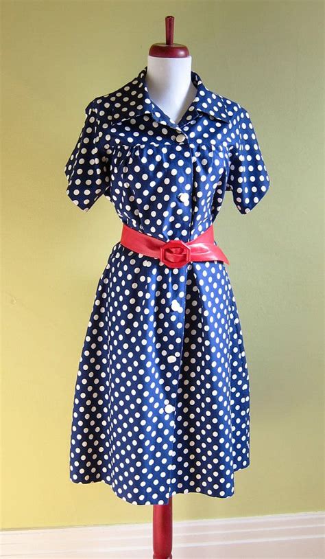Blue Polka Dot Shirt Dress Today A Red Belt And Red Pumps Outfit