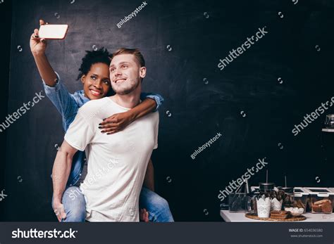 Young Interracial Couple Make Selfie Have Stock Photo 654036580