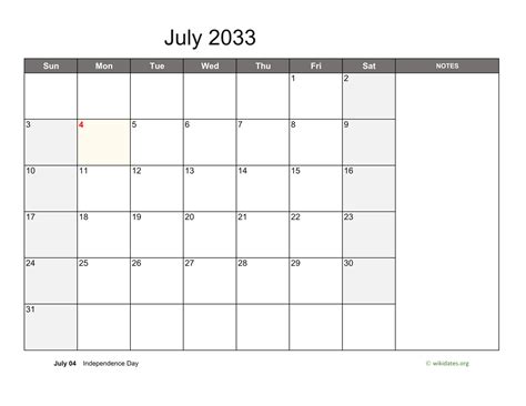 July 2033 Calendar With Notes