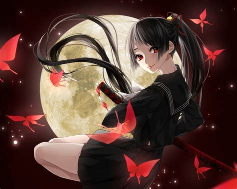 Samurai Girl Moon Red Smile Anime Uniform Sword