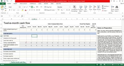 Twelve Month Cash Flow Template Excel