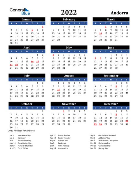 2022 Andorra Calendar With Holidays