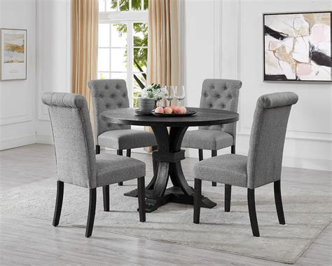 Siena Distressed Black Finish 5 Piece Dining Set Pedestal Round Table