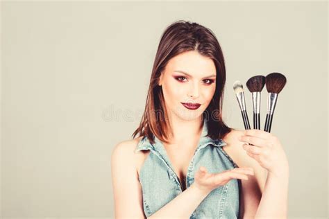 Makeup Cosmetics Concept Emphasize Femininity Girl Apply Eye Shadows