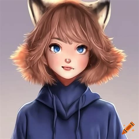 Cute Anime Fox Girl In Navy Hoodie