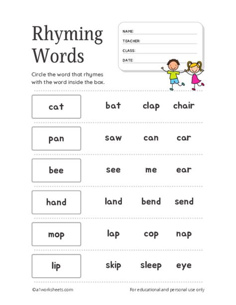 Rhyming Word Worksheets For Kindergarten And Preschool