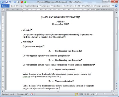 Ruang meeting pemimpin rapat : Notuleersjabloon - standaard in Word