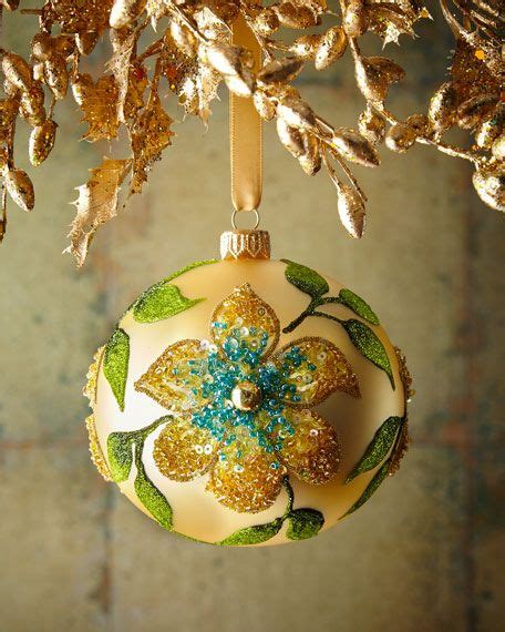 Yellow Gold Matte Glass Ball Christmas Ornament With Flower Christmas Ornaments Glass Ball