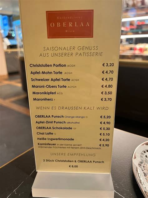 Speisekarte Von Kurkonditorei Oberlaa Cafe Wien Neuer Markt 16