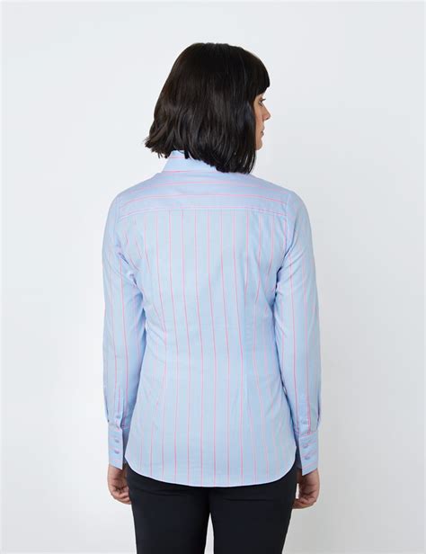 Cotton Womens Fitted Shirt With Fine Stripes Design In Light Blue