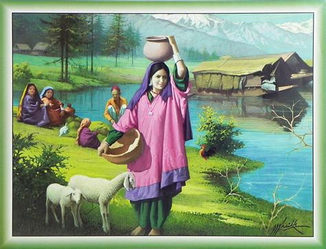 Kashmiri Beauty Reprint On Paper Unframed Village Scene Drawing