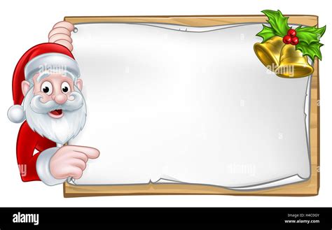 Santa Cartoon Christmas Character Peeking Around A Wooden Scroll Sign