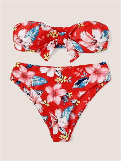 Floral Knot Red Bandeau Swimsuit With High Waist Bikini Bottom