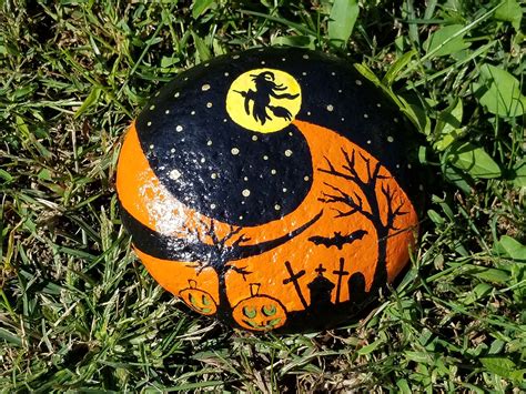 Halloween Painted Rock With Jack O Lanterns Cemetery Bat Witch Moon