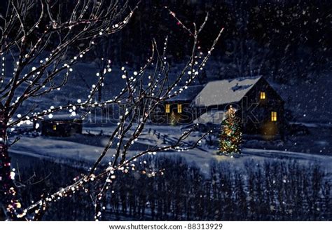 Snowy Winter Scene Cabin Distance Night Stock Photo Edit Now 88313929