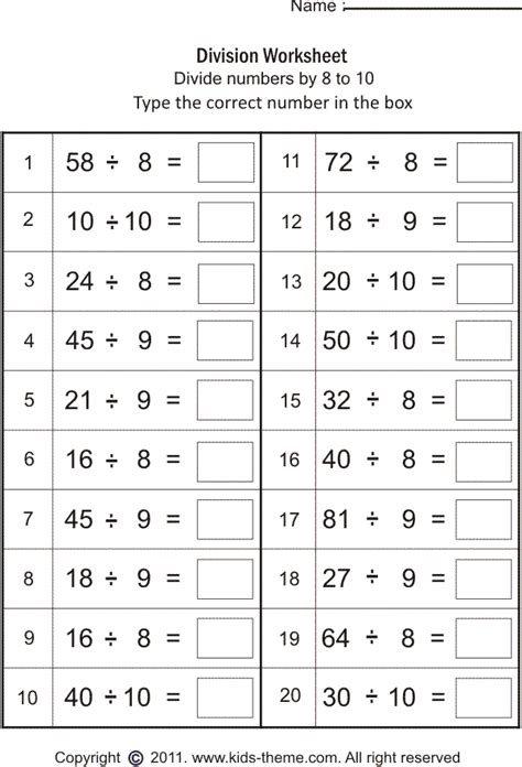 Division Worksheets Divide Numbers By 8 To 10 Free Printable Math