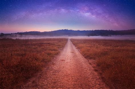 Premium Photo Night Starry Sky Above Country Road In Countryside And