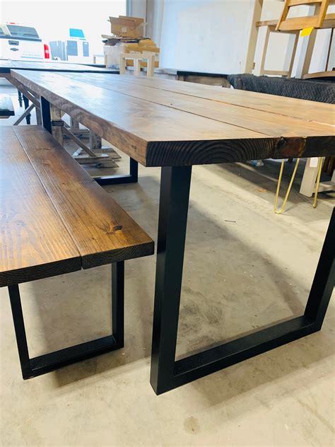 Industrial Farmhouse Table With Bench Rustic Steel Black Legs