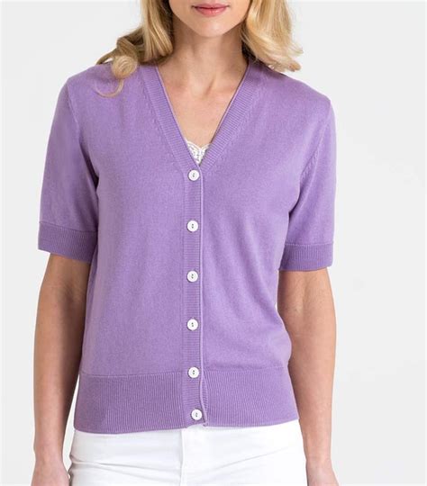 Deep Lilac Womens Silk And Cotton Short Sleeved V Neck Cardigan