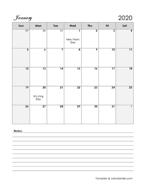 2020 Calendar Template Large Boxes Free Printable Templates