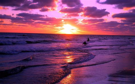 Sunset Landscape Purple Orange Waves Beach Nature Coast Sea