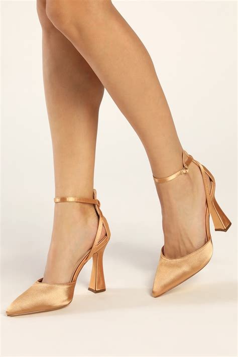 Gold Satin Heels Gold Pointed Toe Heels Ankle Strap Pumps Lulus