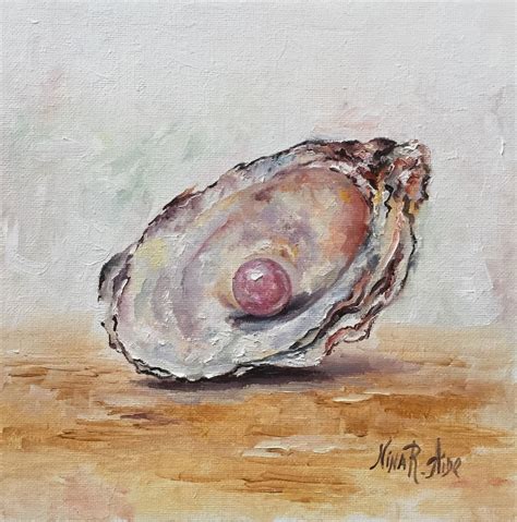 Glossy Painted Oyster Shell On Painted Canvas Mixed Media And Collage Art