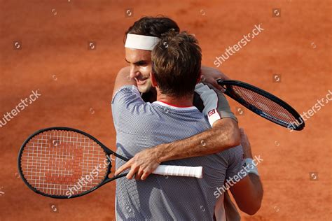 Switzerlands Roger Federer Stan Wawrinka Hug Editorial Stock Photo