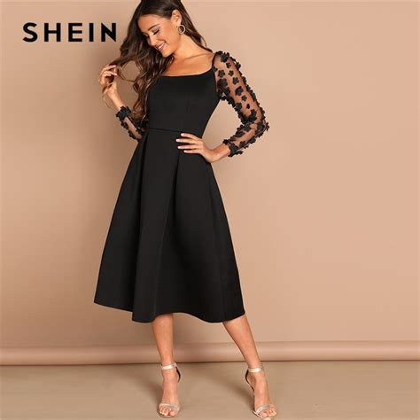 shein night out black contrast mesh appliques pleated square neck knee length dress autumn